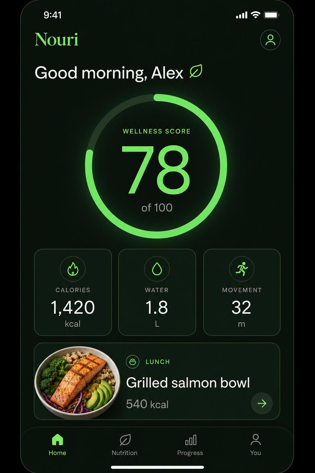 Nouri home screen with wellness score and daily stats